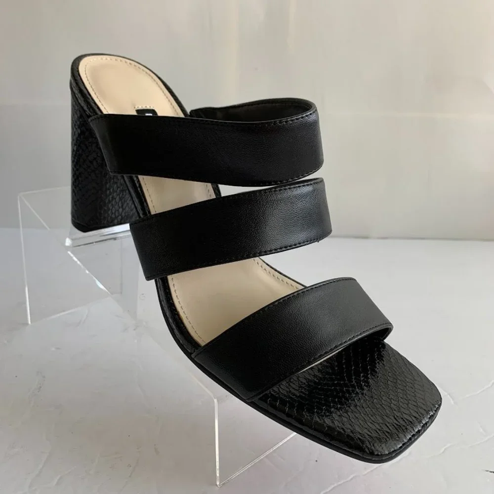 Nine West Lora Black Leather Open Toe Snake Print Sandals Heels - Sz 10 M - NEW - Picture 2 of 8